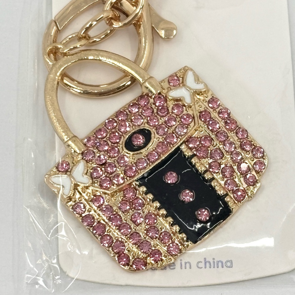 PurseCharm or Keychain Gold with Pink Rhinestones Handbag Design NEW - Picture 2 of 4